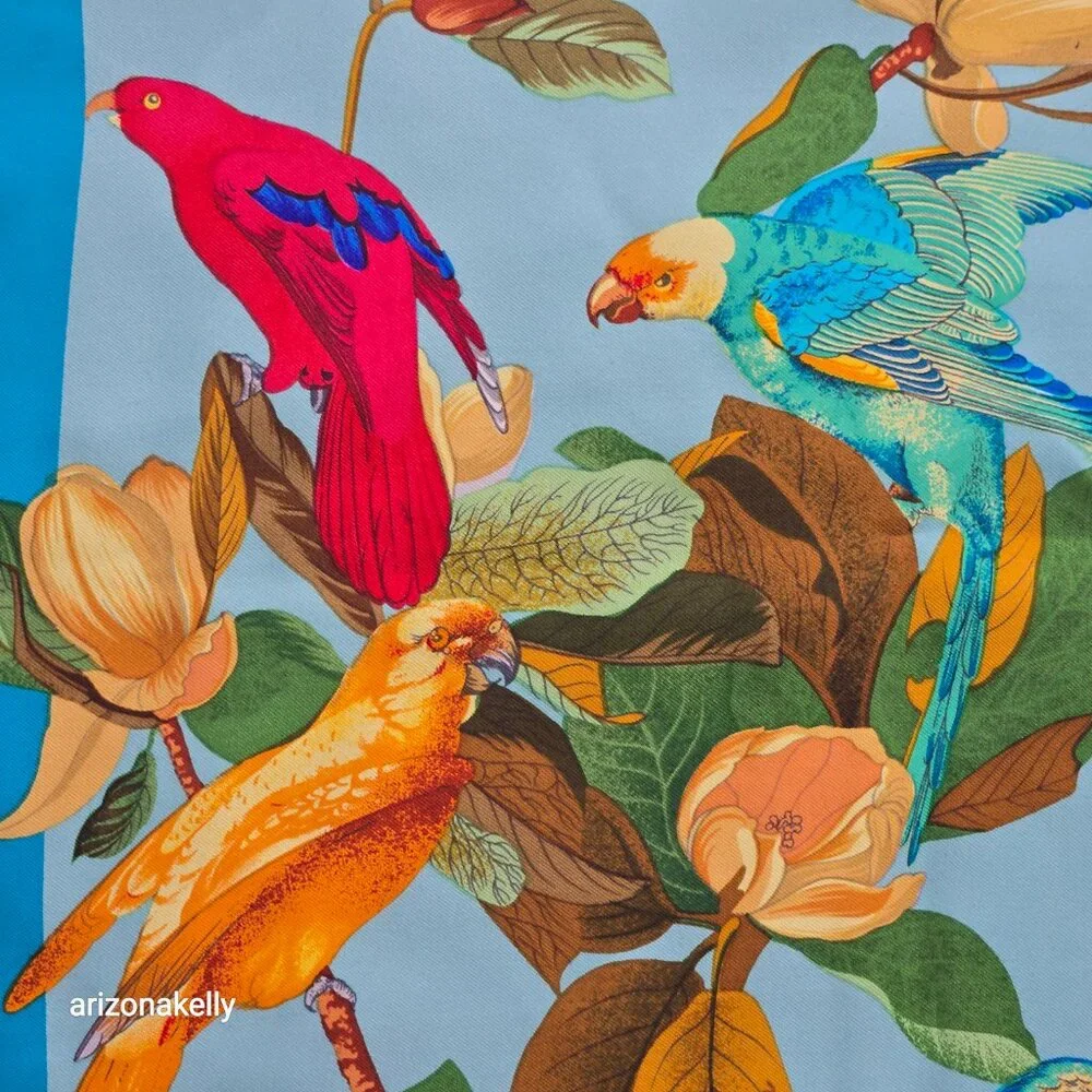 Vintage Silk Scarf Parrots Bird Hand Rolled Edges